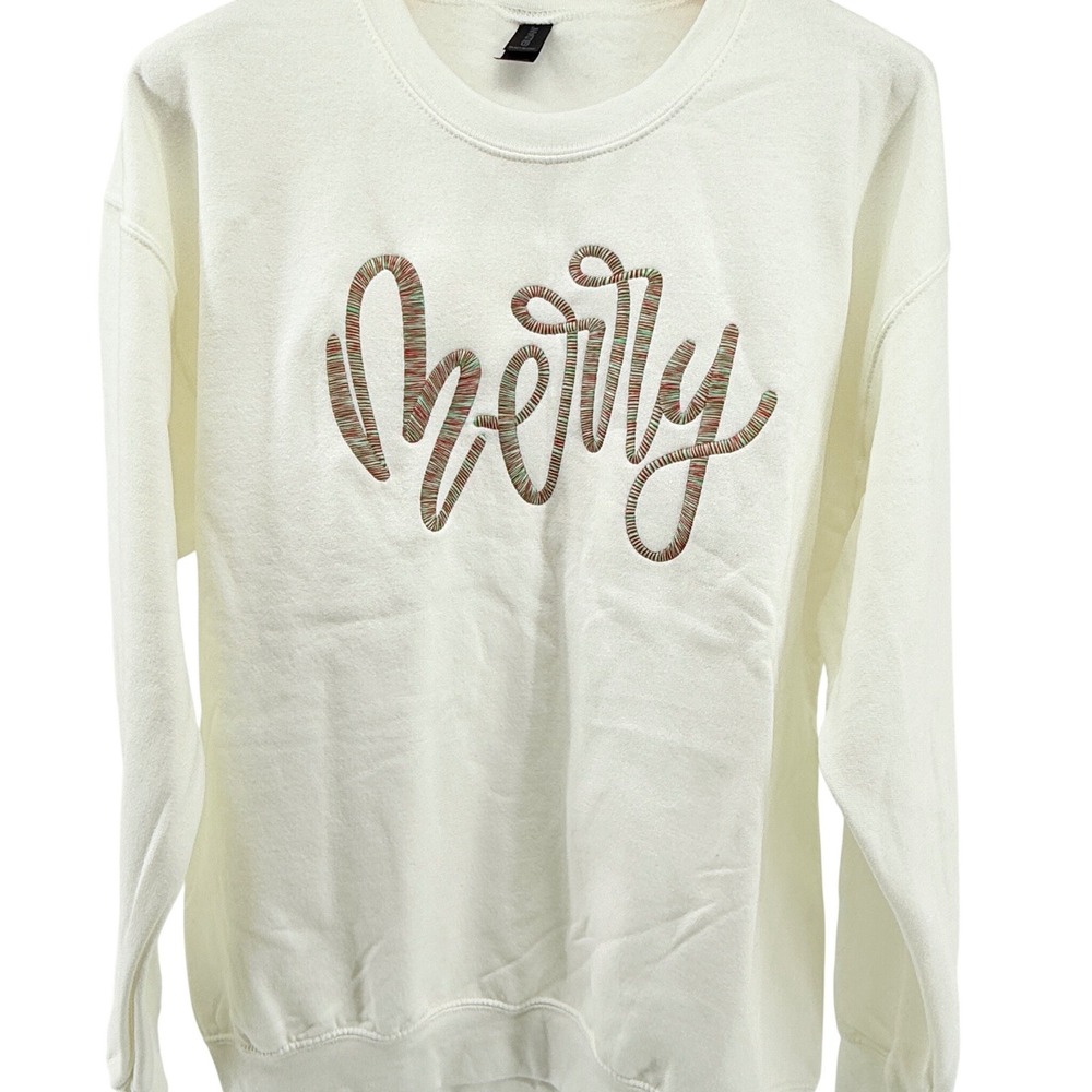 Gildan Cream Merry Embroidered Crewneck Sweatshirt Holiday Christmas Size L
